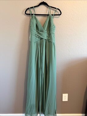 Azazie Sage Green Double-Strap V-Neck Maxi Dress